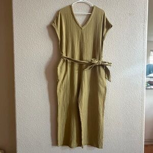 PACT Women's Coastal Jumpsuit Size Small Organic Slub Cotton Wide Leg Beige Boho